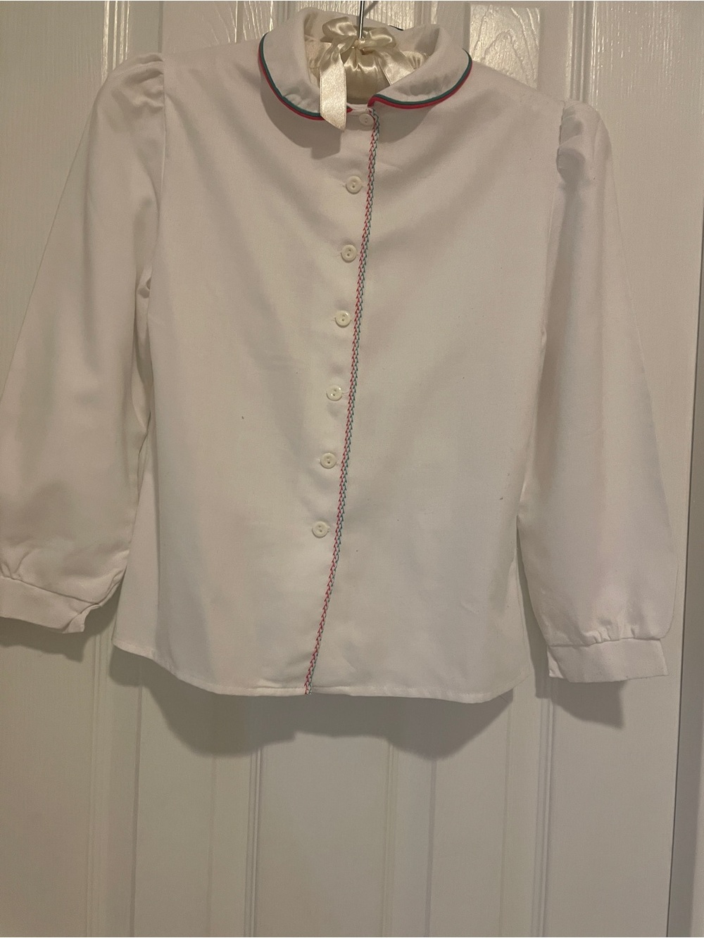 Girls White Long-Sleeve Button Front Top with Ribbon Trim